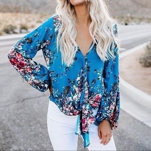 Genesis Floral Tie Blouse - Turquoise